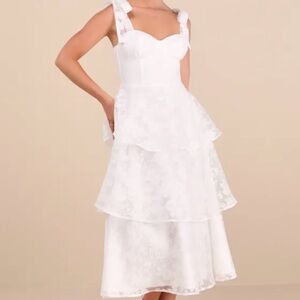 Lulu’s White Lace Tiered Midi Dress with Tie Straps